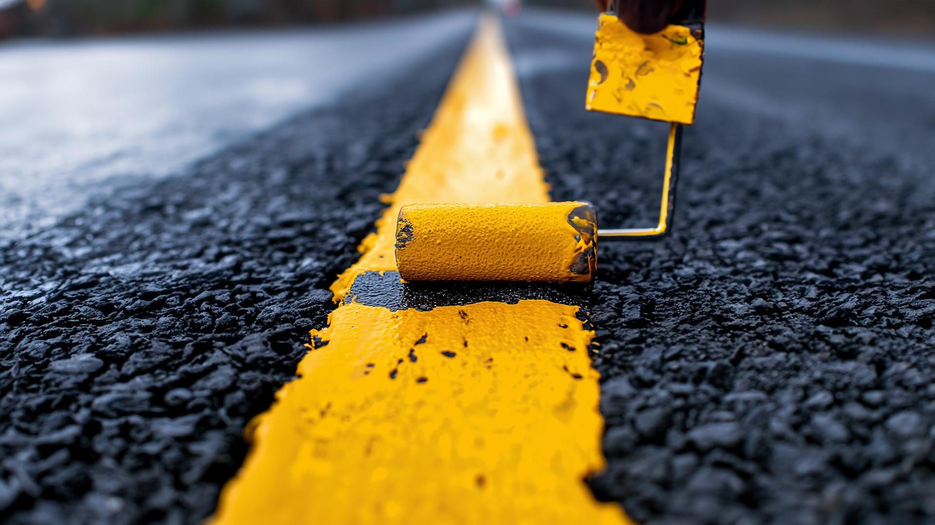 Straßenmarkierung mit gelber Linie in Nahaufnahme