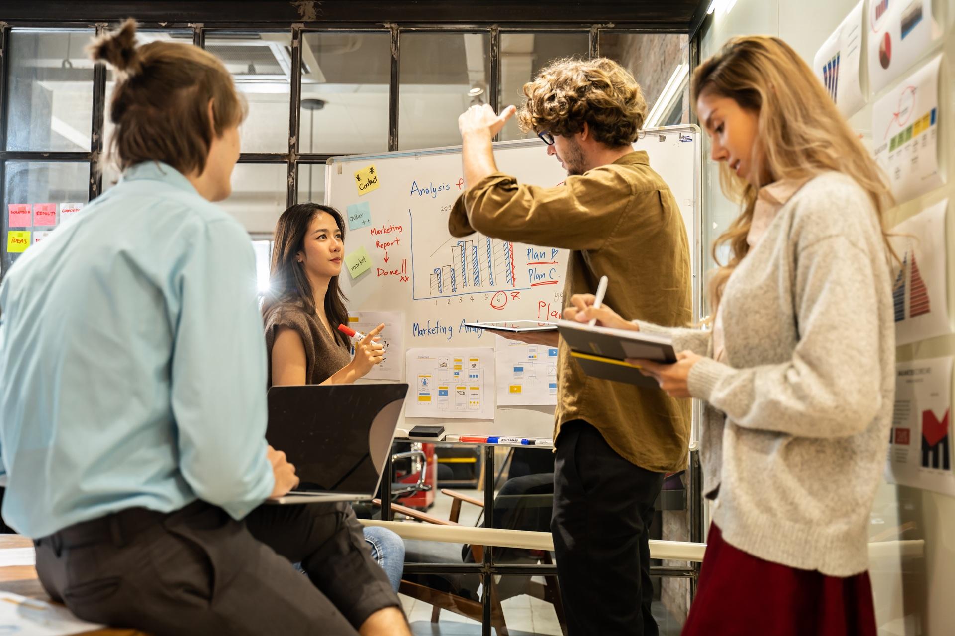 Kollegen bei der Planung am Whiteboard | Arbeitskleidung bedrucken