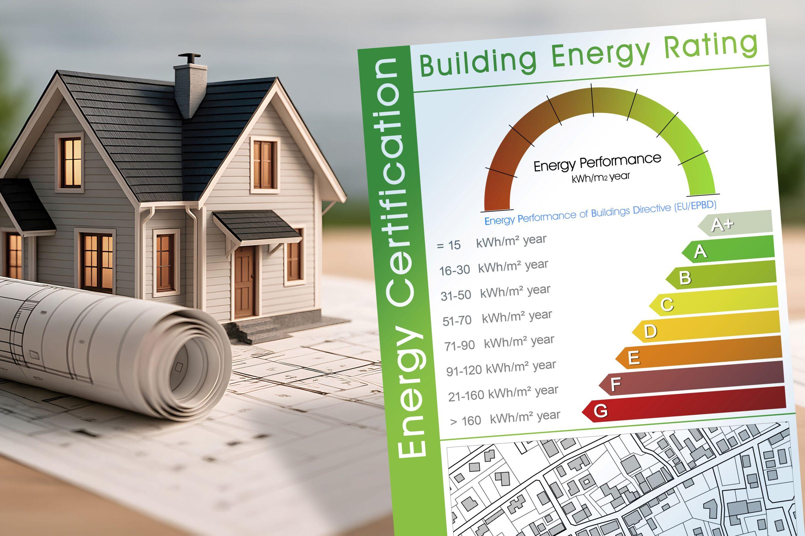 Bedarfsausweis für Immobilien mit Energieeffizienzskala und Wohnhaus